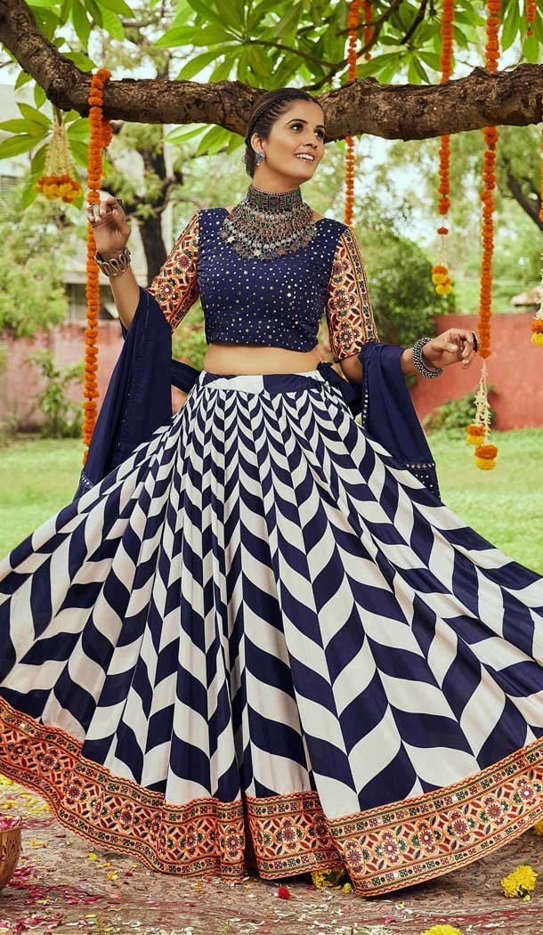 Navy Blue Color Muslin Cotton Digital Printed Navratri Garba Lehenga Choli -111015656