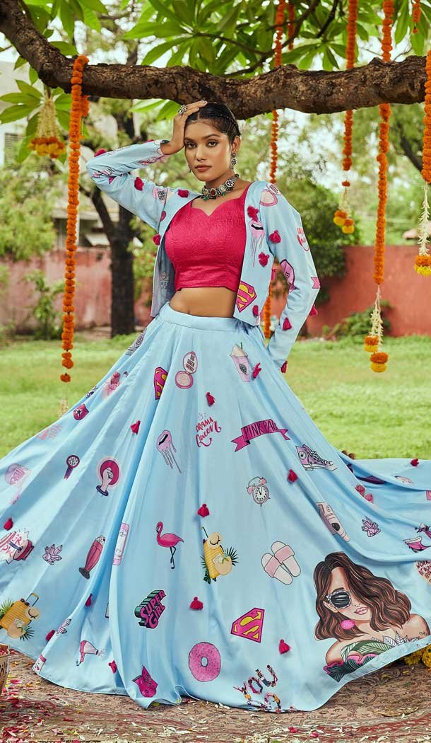 Sky Blue Color Muslin Cotton Digital Printed Navratri Garba Lehenga Choli -111015657