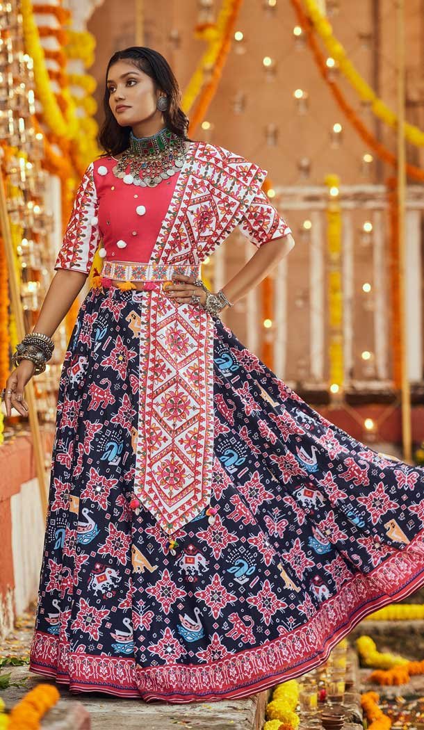 Majesty Black Color Muslin Cotton Digital Printed Navratri Garba Lehenga Choli -111015658