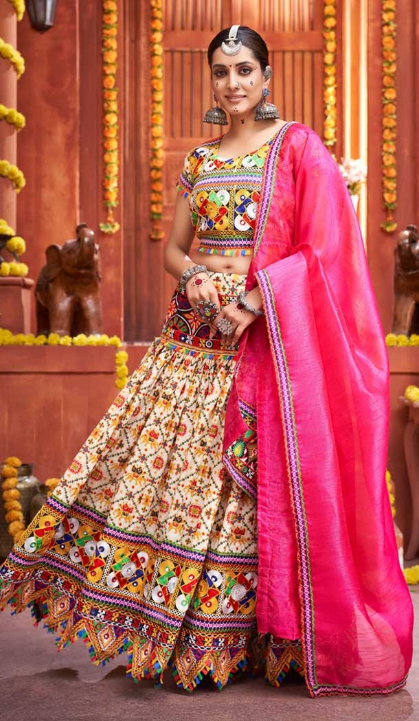 Cream Color Cotton Silk Navratri Festive Wear Plus Size Lehenga Choli -111916224