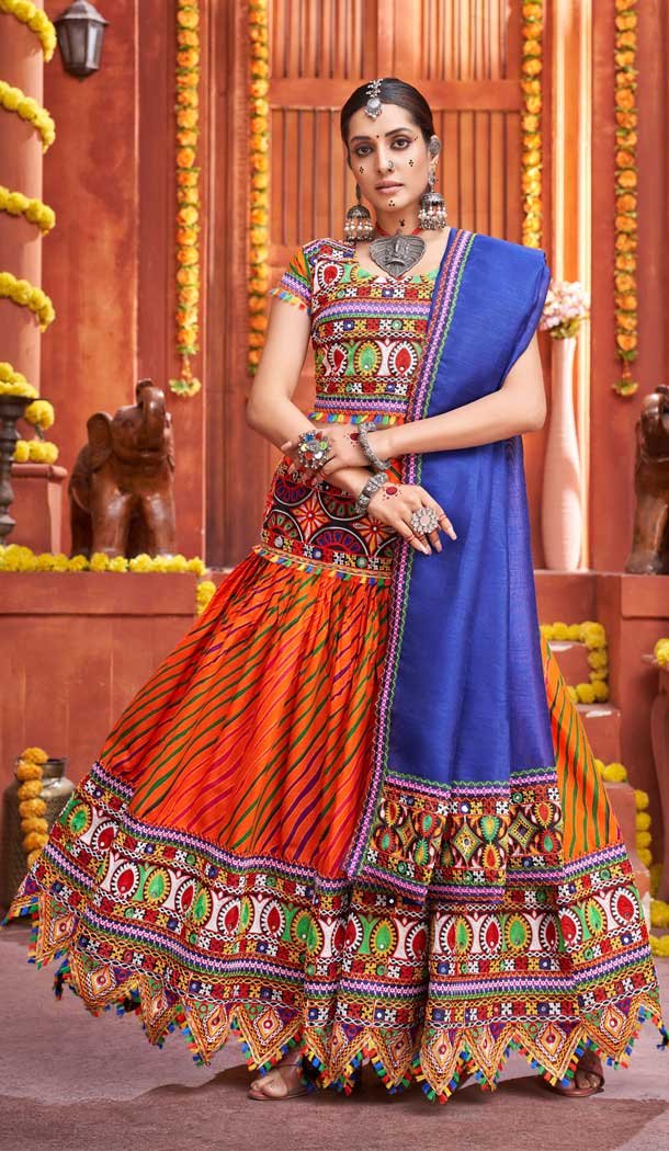 Orange Color Cotton Silk Navratri Festive Wear Plus Size Lehenga Choli -111916226