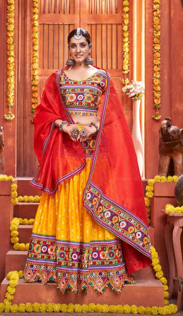 Pretty Yellow Color Cotton Silk Navratri Festive Wear Plus Size Lehenga Choli -111916227