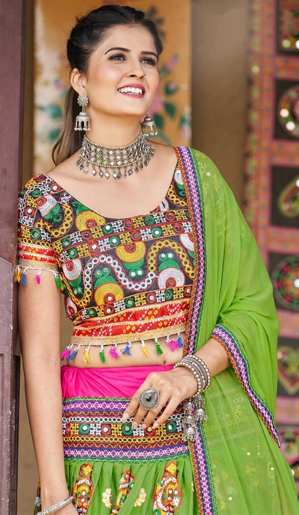 Navratri Festive Special Green Color Cotton Plus Size Women Lehenga Choli -111976256