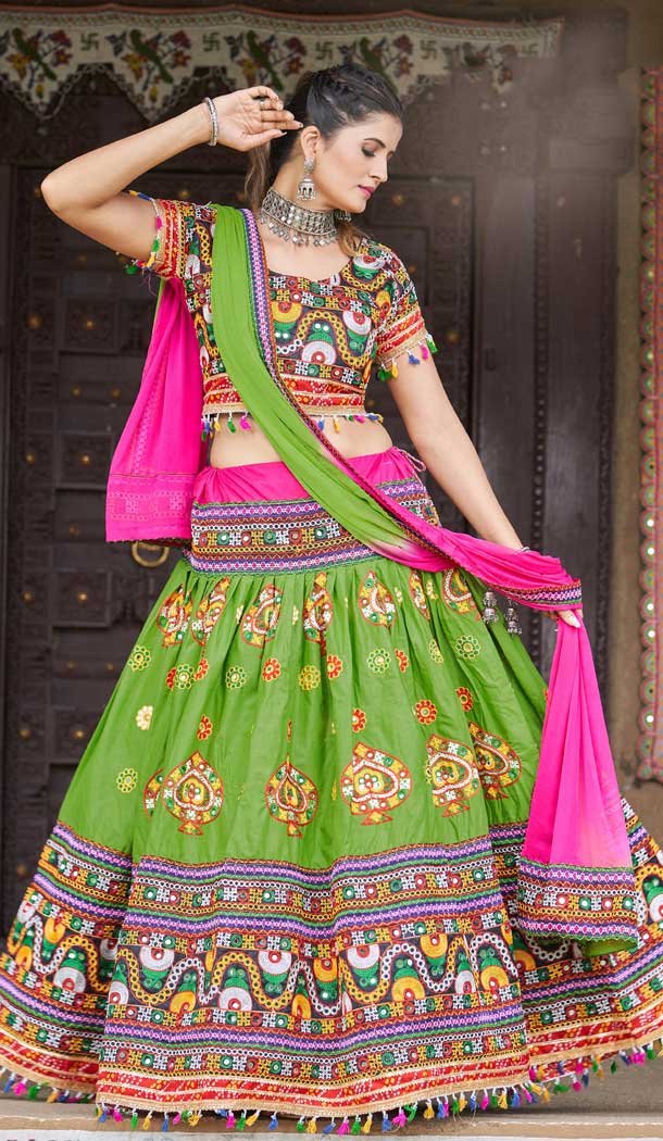 Navratri Festive Special Green Color Cotton Plus Size Women Lehenga Choli -111976256