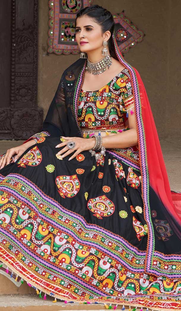 Navratri Festive Special Black Color Cotton Plus Size Women Lehenga Choli -111976257