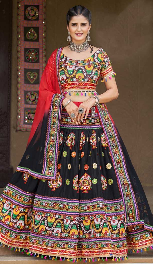 Navratri Festive Special Black Color Cotton Plus Size Women Lehenga Choli -111976257