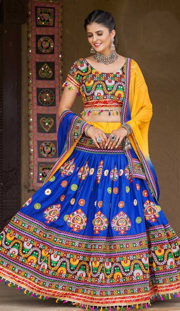 Navratri Festive Special Blue Color Cotton Plus Size Women Lehenga Choli -111976258