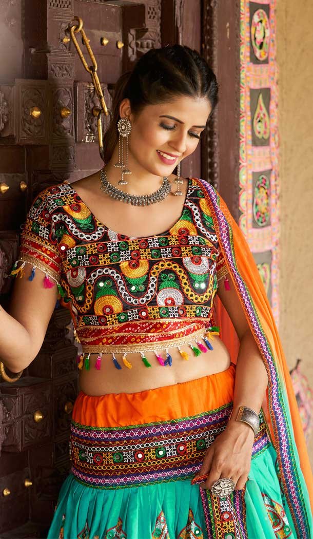 Navratri Festive Special Sky Blue Color Cotton Plus Size Women Lehenga Choli -111976259