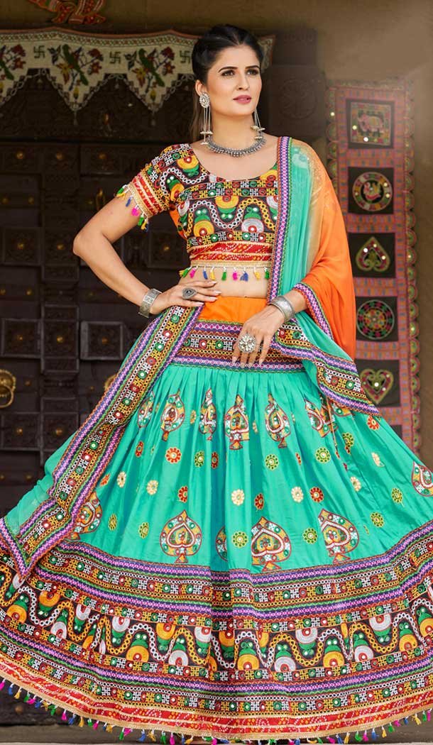 Navratri Festive Special Sky Blue Color Cotton Plus Size Women Lehenga Choli -111976259