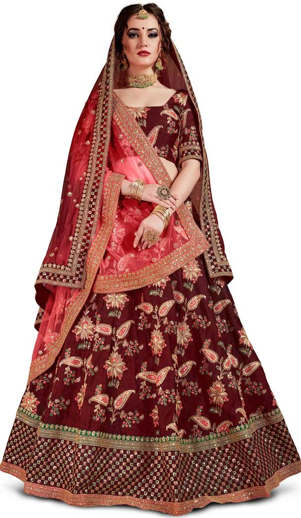 Maroon Color Taffeta Silk Designer Mehendi Sangeet Wear Lehenga Choli -3795149765