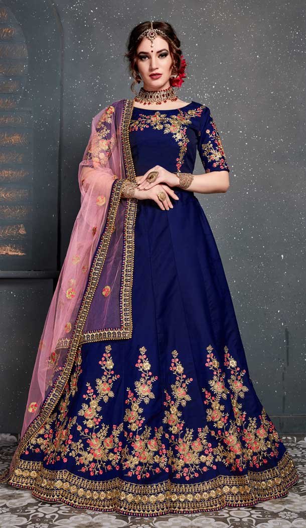 Navy Blue Color Taffeta Silk Designer Mehendi Wear Lehenga Choli -3797149771