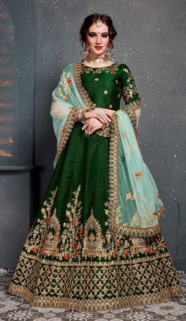 Green Color Taffeta Silk Designer Mehendi Wear Lehenga Choli -3797149772