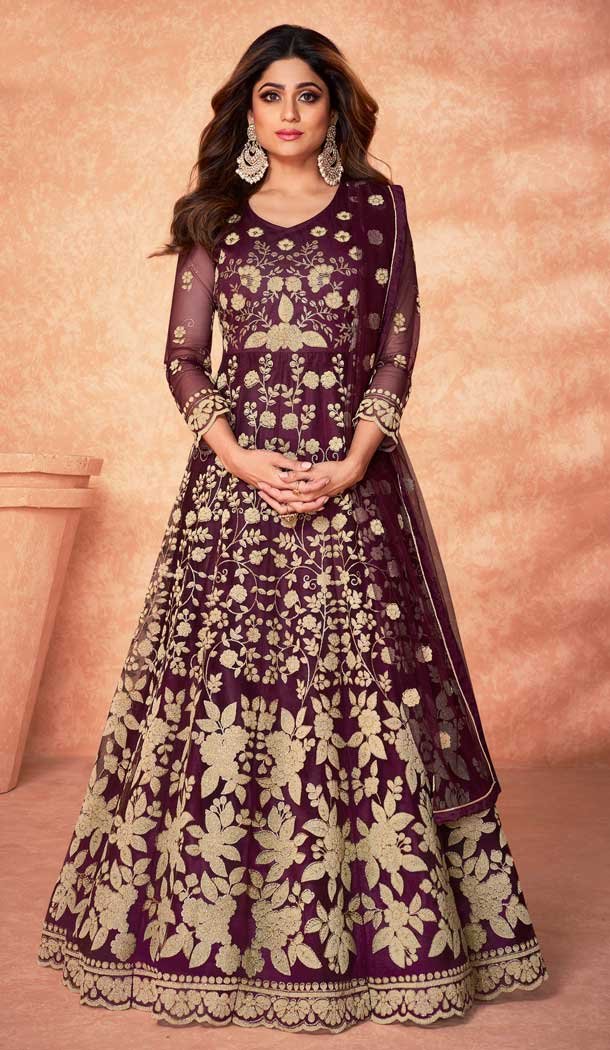 Wine Color Diamond Net Designer Long Anarkali Style Salwar Kameez  -3833150027