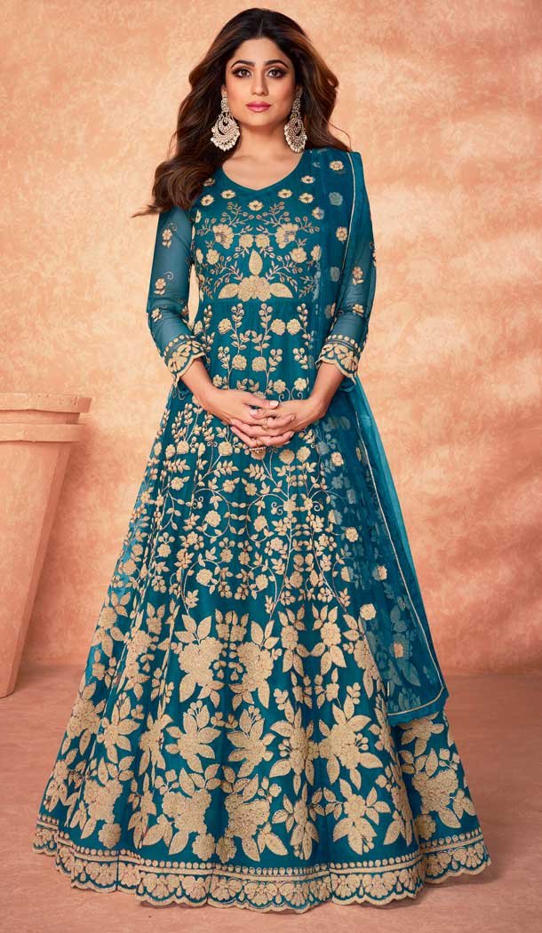 Teal Blue Color Diamond Net Designer Long Anarkali Style Salwar Kameez -3833150028