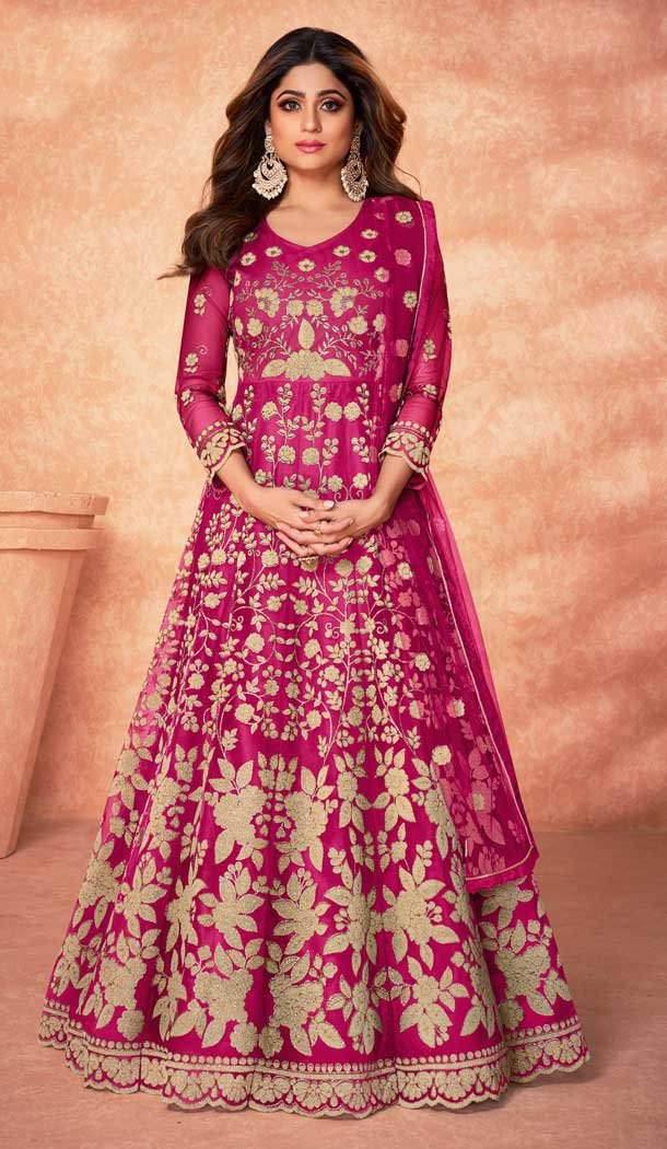 Pink Color Diamond Net Designer Long Anarkali Style Salwar Kameez -3833150029