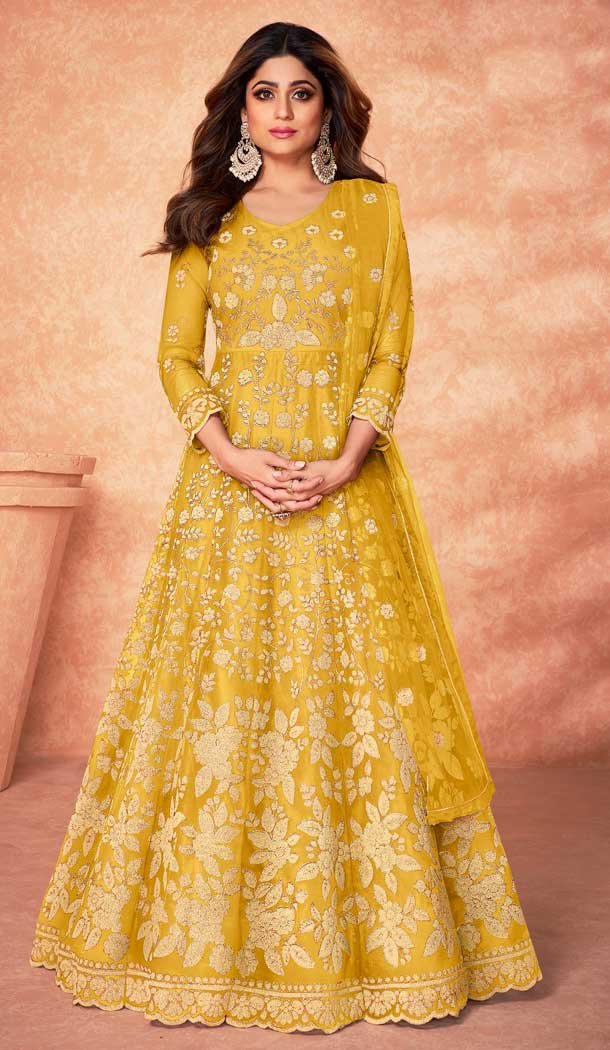 Yellow Color Diamond Net Designer Long Anarkali Style Salwar Kameez -3833150030