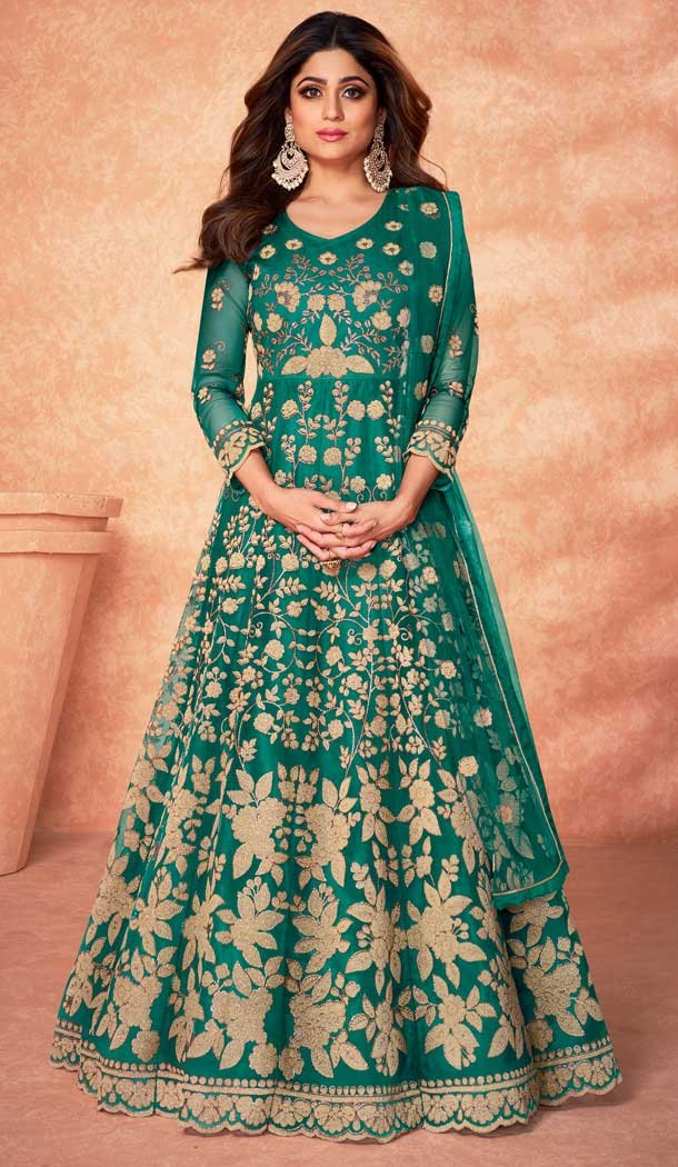 Rama Green Color Diamond Net Designer Long Anarkali Style Salwar Kameez -3833150031