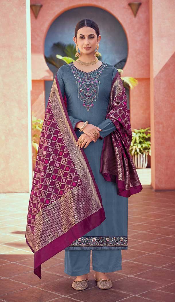 Grey Color Tusser Satin Butti Casual Party Wear Palazzo Salwar Suit -3744149402