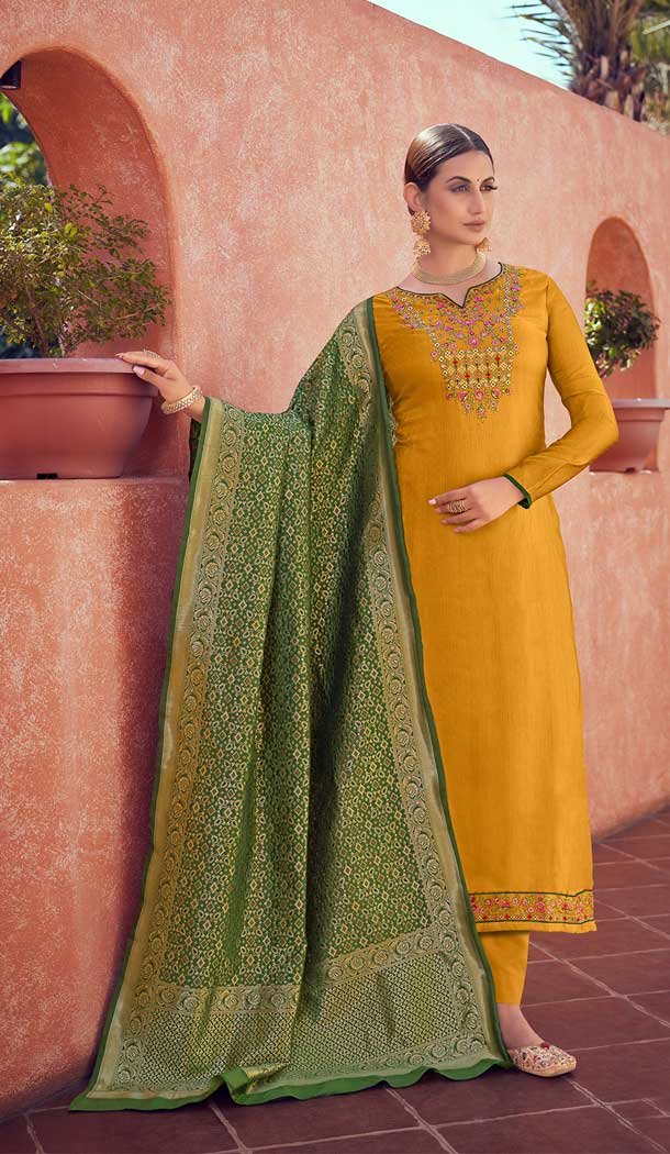 Charming Yellow Color Tusser Satin Butti Casual Party Wear Palazzo Salwar Suit -3744149404