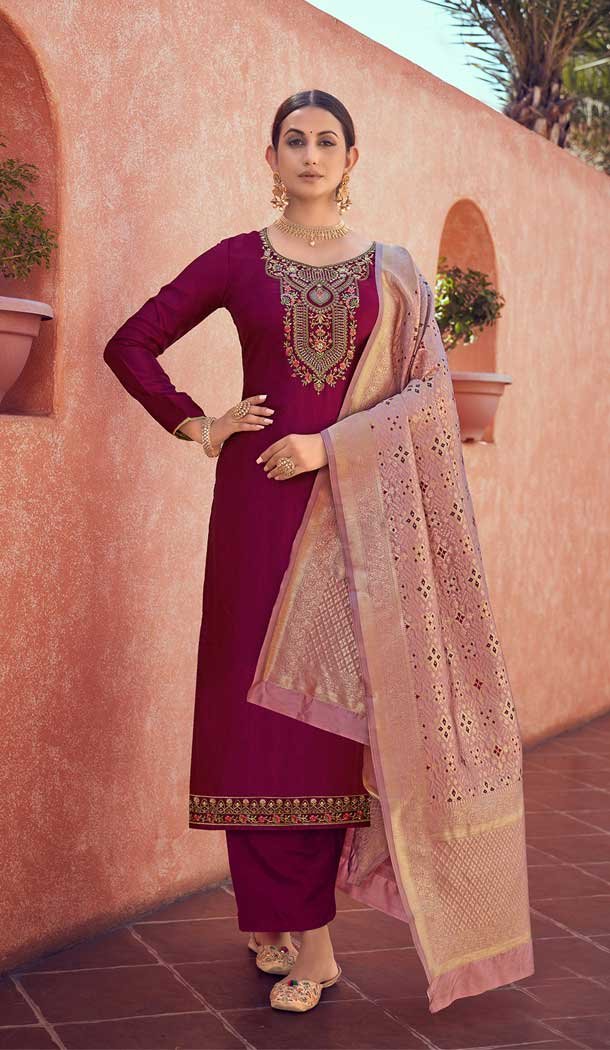 Maroon Color Tusser Satin Butti Casual Party Wear Palazzo Salwar Suit -3744149405