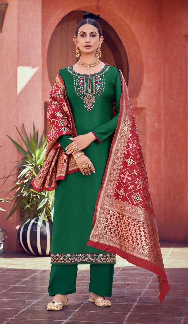 Vivacious Green Color Tusser Satin Butti Casual Party Wear Palazzo Salwar Suit -3744149406