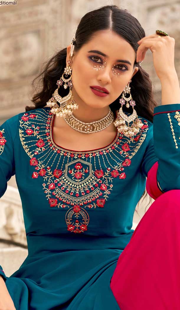 Stunning Teal Blue Color Crape Embroidery Party Wear Women Lehenga Suit -3745149407