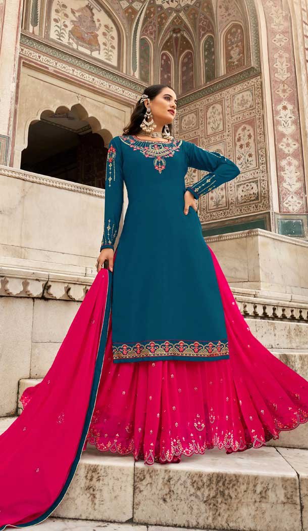 Stunning Teal Blue Color Crape Embroidery Party Wear Women Lehenga Suit -3745149407