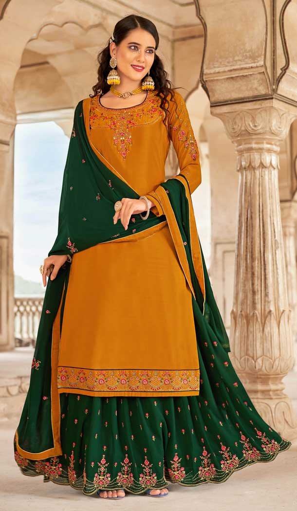 Mustard Yellow Color Crape Embroidery Party Wear Women Lehenga Suit -3745149408