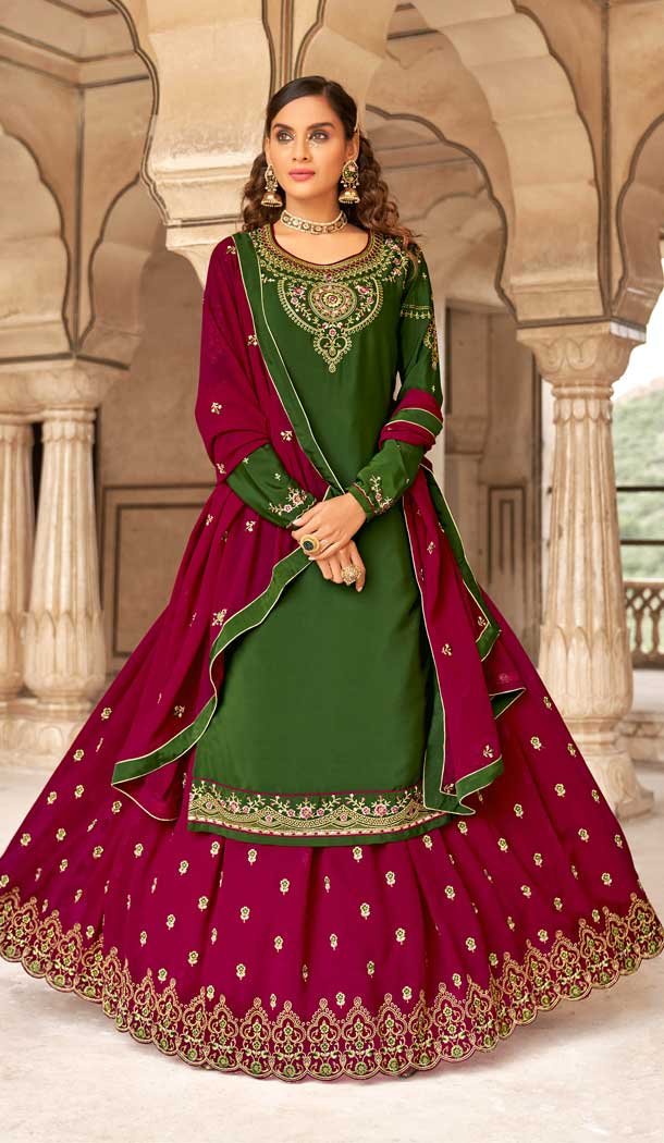 Attractive Green Color Crape Embroidery Party Wear Women Lehenga Suit -3745149409