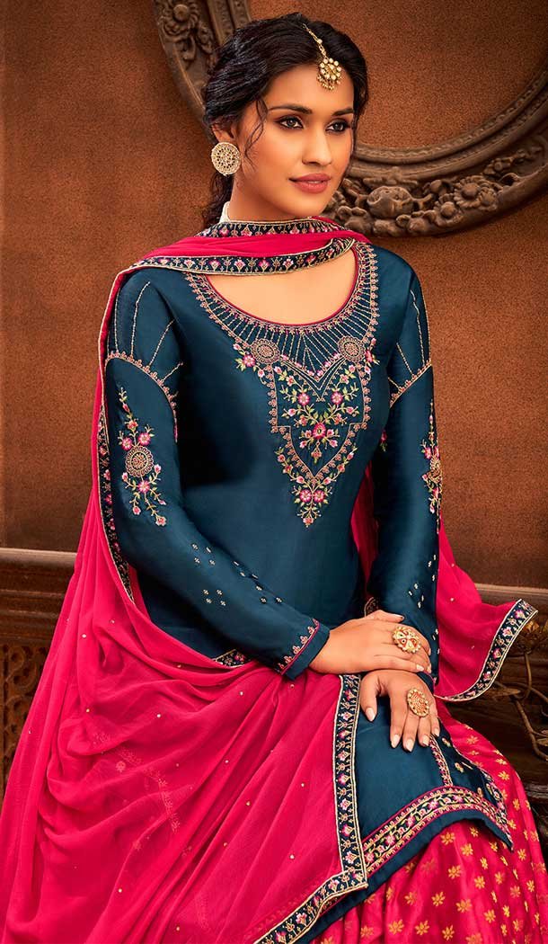 Teal Blue Color Modal Satin Embroidery Party Wear Lehenga Suit -3746149412