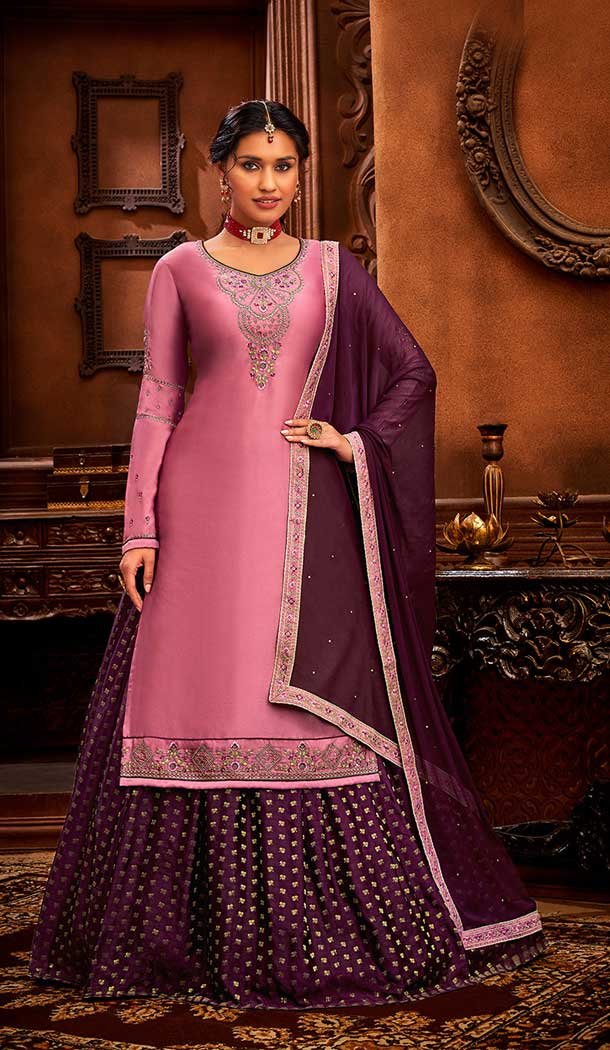 Baby Pink Color Modal Satin Embroidery Party Wear Lehenga Suit -3746149413