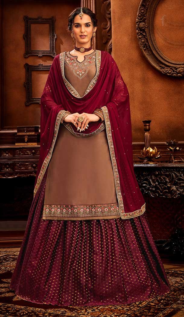 Brown Color Modal Satin Embroidery Party Wear Lehenga Suit -3746149416