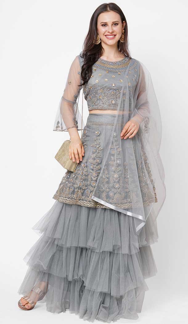 Grey Color Nylon Net Party Function Wear Women Lehenga Choli -3859150204