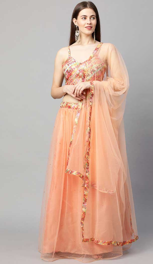 Peach Color Net Fancy Party Function Wear Women Lehenga Choli -3861150213