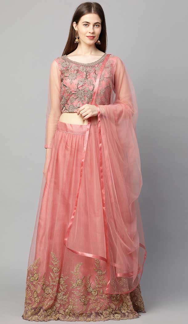 Sparkling Peach Color Net Function Party Wear Heavy Plus Size Lehenga Choli -3863150221