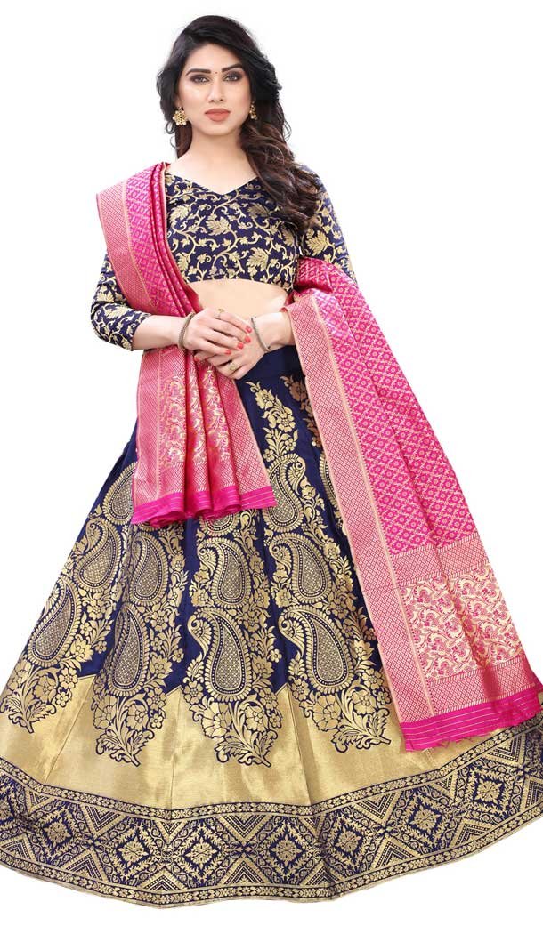 Navy Blue Color Silk Blend Function Traditional Plus Size Lehenga Choli -3864150225