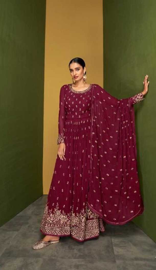 Exotic Maroon Color Real Georgette Designer Party Wear Palazzo Salwar Suit -3889150330