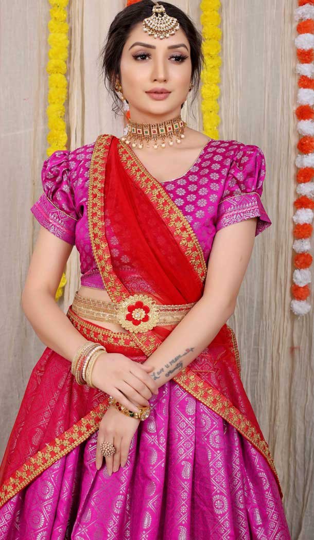 Chic Pink Color Pure Silk Traditional Wear Diwali Special Lehenga Choli -3999151003