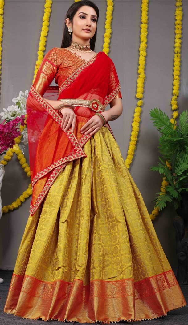 Mustard Yellow Color Pure Silk Zari Weaving Work Function Wear Lehenga Choli -4000151009