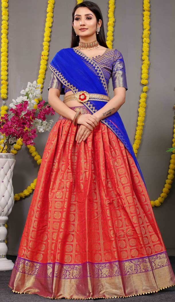 Tomato Red Color Pure Silk Zari Weaving Work Function Wear Lehenga Choli -4000151012