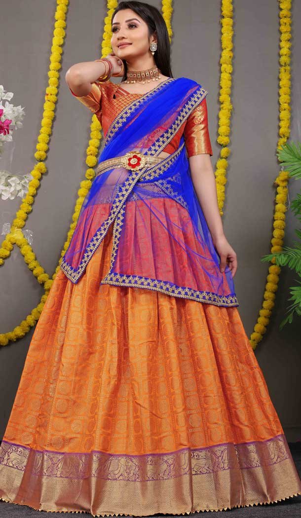 Orange Color Pure Silk Zari Weaving Work Function Wear Lehenga Choli -4000151013