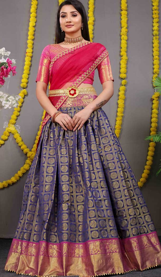 Navy Blue Color Pure Silk Zari Weaving Work Function Wear Lehenga Choli -4000151015