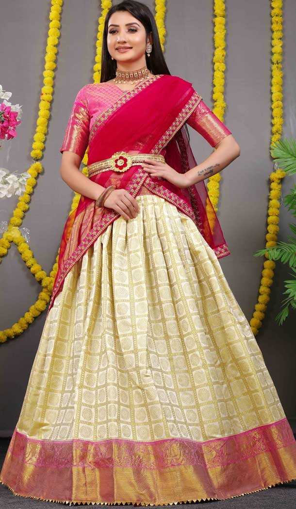 Cream Color Pure Silk Zari Weaving Work Function Wear Lehenga Choli -4000151016