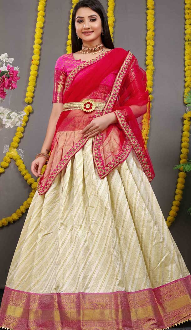 Pink Cream Color Pure Silk Zari Weaving Work Function Wear Lehenga Choli -4000151019