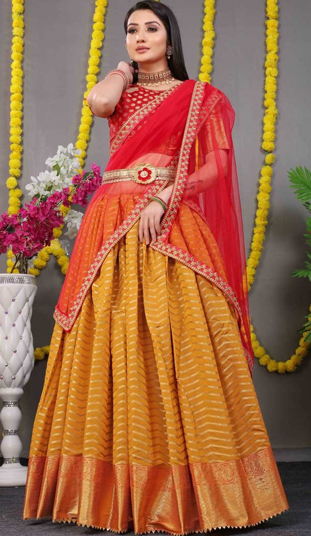 Red Yellow Color Pure Silk Zari Weaving Work Function Wear Lehenga Choli -4000151020