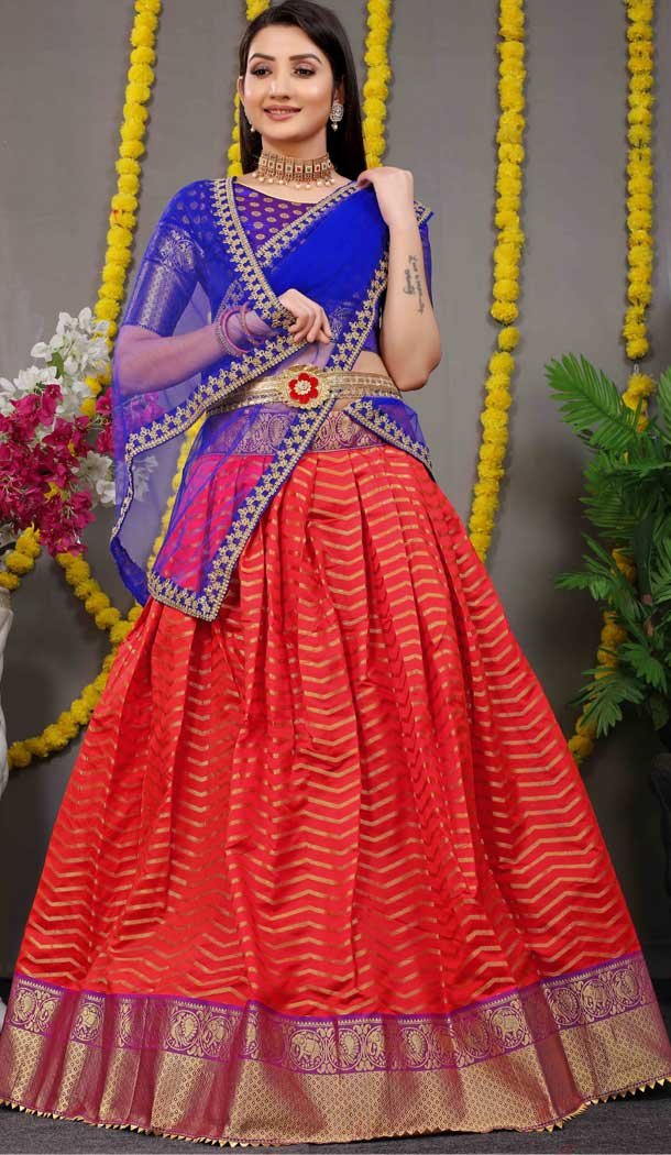 Blue Red Color Pure Silk Zari Weaving Work Function Wear Lehenga Choli -4000151021