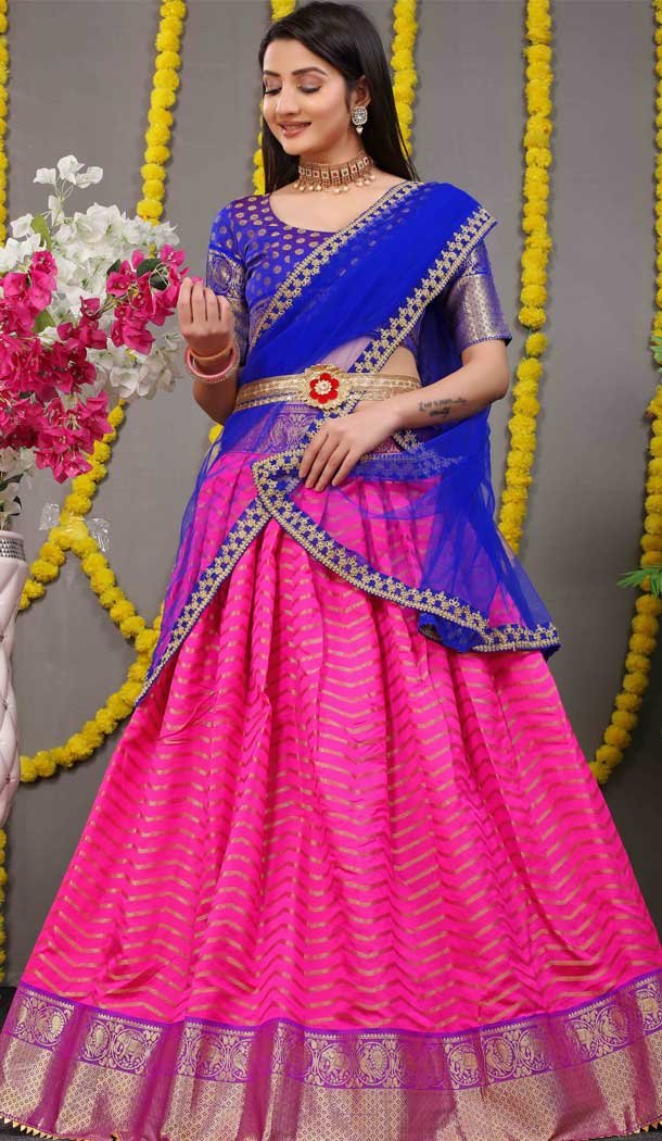 Blue Pink Color Pure Silk Zari Weaving Work Function Wear Lehenga Choli -4000151022