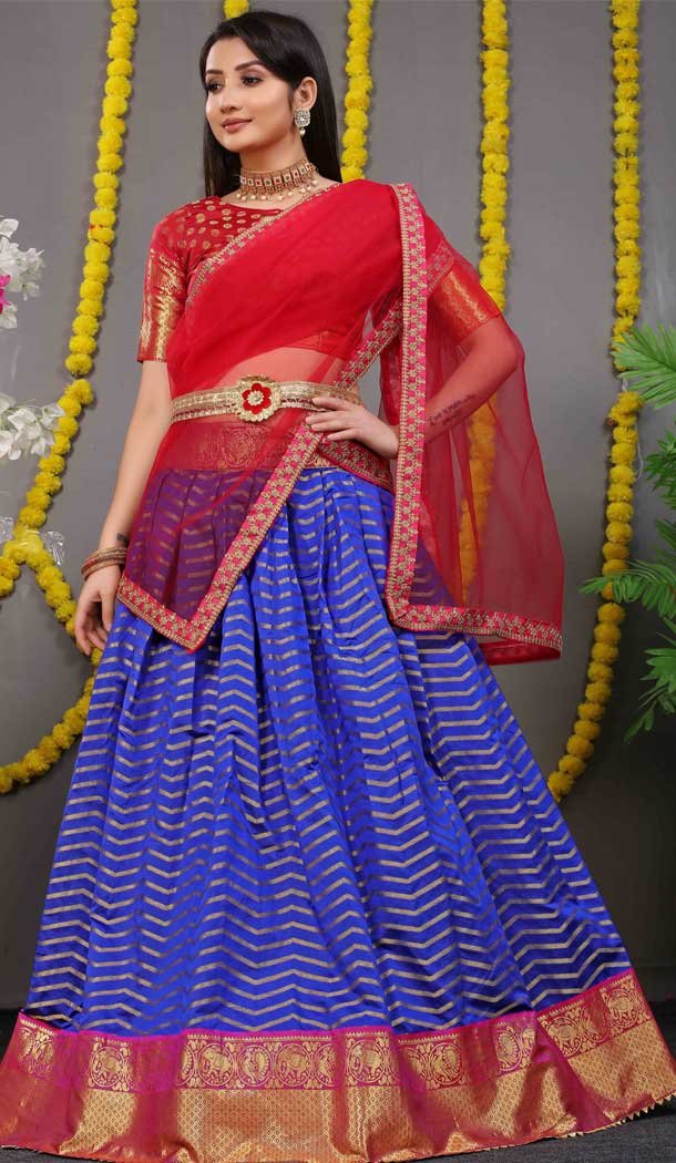 Red Blue Color Pure Silk Zari Weaving Work Function Wear Lehenga Choli -4000151023