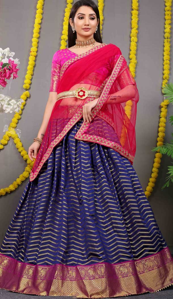 Pink Navy Blue Color Pure Silk Zari Weaving Work Function Wear Lehenga Choli -4000151024