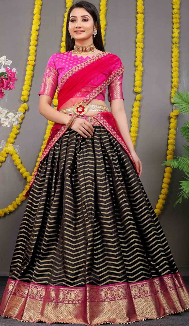 Pink Black Color Pure Silk Zari Weaving Work Function Wear Lehenga Choli -4000151025